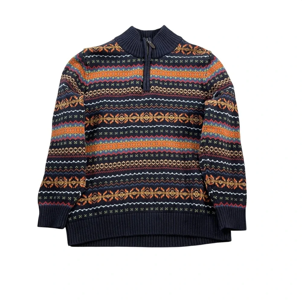 LL Bean Mens Size Large Fair‎ Isle 1/4 Zip Pullover Cotton Sweater Navy Multi